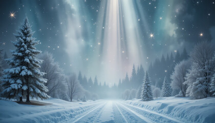 Snowy forest landscape with light beams and stars winter