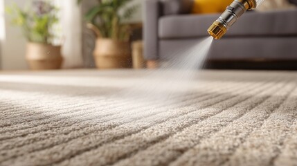 Steam cleaner applying hot steam to a carpet in a living room, symbolizing professional deep clean service for fabric and floor hygiene.