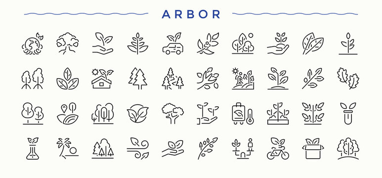 Arbor modern icon set. Basil icon collection. Contain linear symbols nature, leaf, garden, leaves, plant, herb, basil and more. Editable vector art.