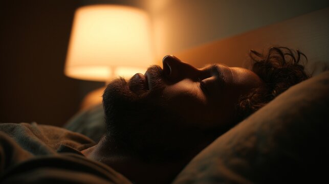 Man lying awake at night in dim bedroom light, symbolizing sleep apnea problem with restless breathing and nighttime disturbance.