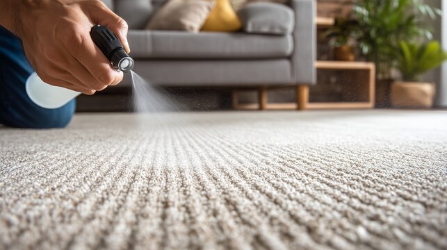 Handheld vacuum cleaning carpet in living room, representing deep cleaning home carpet to remove dirt and allergen.