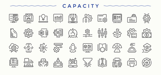 Capacity icon set. Contains outline symbols like achievement, success, arrow, strategy, goal and more. Success icon set. Vector icons collection. Editable stroke. Vector illustration.