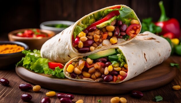 veggie bean burrito flavorful wrap with colorful vegetables and spices