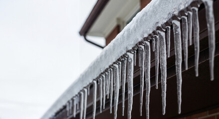 Icicles hanging from a roof under snowy winter sky