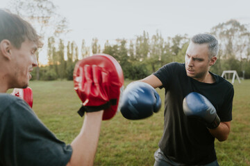 Boxer training with partner with pads outdoors in a park
