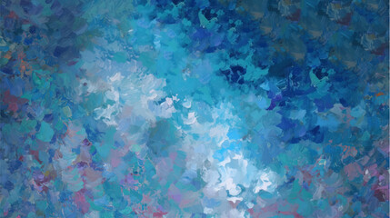 Vector illustration. Top view on blue abstract oil painting with brush strokes and smears on cotton artist canvas texture background