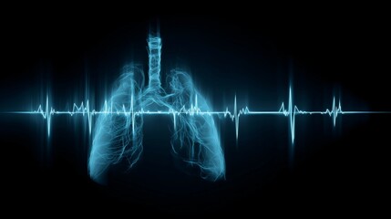 Transparent lung and airway illustration with electrocardiogram line, depicting sequence of respiratory airway blockage during sleep (sleep apnea) and breathing interruption.