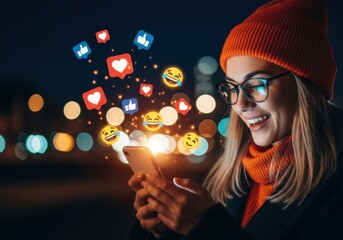 Woman engrossed in social media with animated likes and emojis
