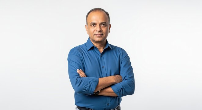 Confident professional Indian man in blue shirt smiling with arms crossed isolated on white background