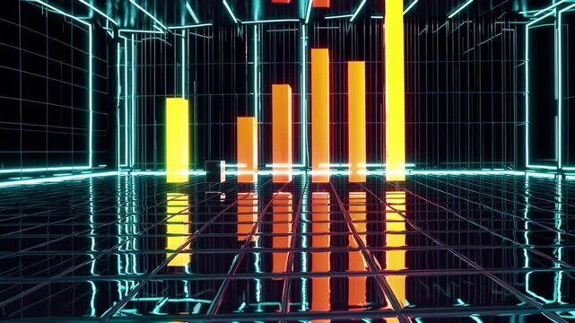 Digital futuristic bar chart graph with growing columns and neon lights, financial data visualization background - Powered by Adobe