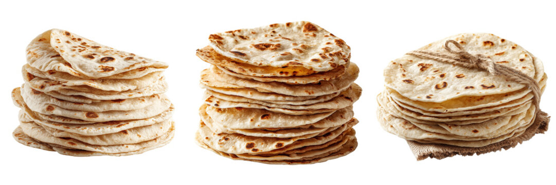 Set of showing a close-up of warm homemade flour tortillas arranged in a tidy stack on transparent png background. Ai generated