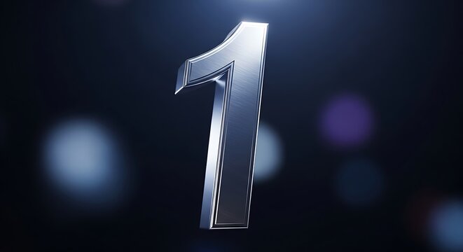 Silver Number One Symbol Floating in Dark Background with Bokeh Lights