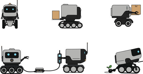 Autonomous delivery service robots with wheels and arms performing package handling, charging, transportation, and agricultural tasks in modern technological illustration