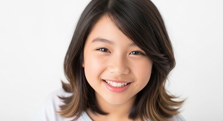 Fototapeta premium Beautiful preteen Asian girl smiling brightly with a joyful friendly expression isolated on white background