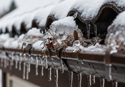 Snow-covered roof gutter with icicles and frozen leaves in winter  