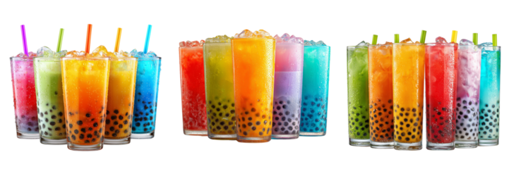 Set of Variety of vibrant bubble tea beverages featuring layered colors and tapioca pearls on transparent png background. Ai generated
