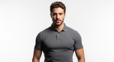 Confident handsome man in a grey polo shirt standing directly facing camera isolated on white background