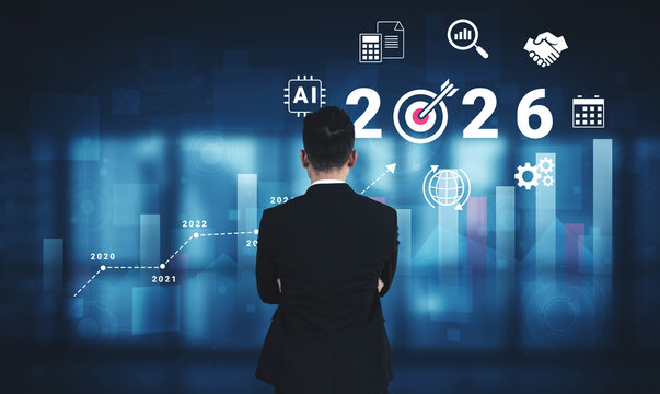 Bar graphs, charts, and number 2026 with AI and data analysis icons symbolizing future business innovation and analytics Parse - Powered by Adobe