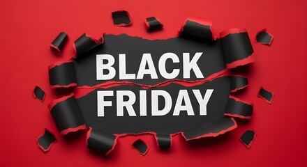 Black friday sale announcement with torn paper revealing white text on a vibrant red background