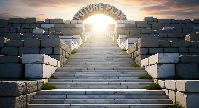 Stone staircase leading up to a bright archway inscribed with future plan against a dramatic sunset sky, symbolizing ambition, progress, and achieving goals