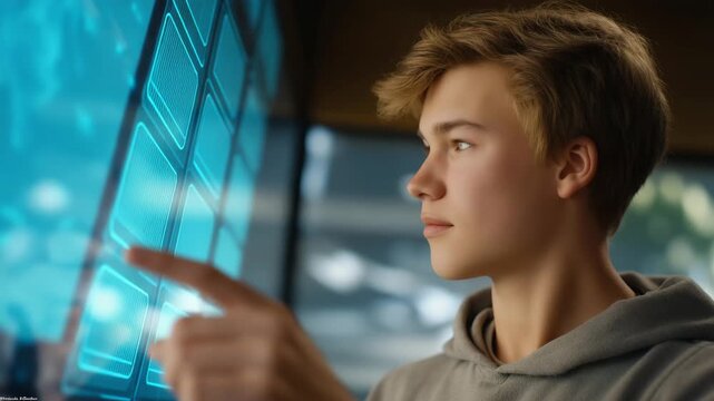 Young customer in a futuristic electronics shop comparing mining GPU specifications on a holographic display, emotion of curiosity and decision-making visible, representing cryptocurrency hardware