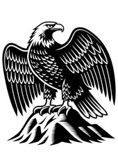 Obraz premium Black and white stylized illustration of a majestic bald eagle perched firmly on a rocky outcrop, isolated on
