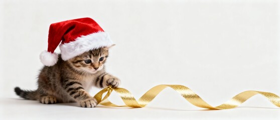An adorable kitten wearing a Santa hat plays with gold ribbon from a Christmas gift against ample negative space in minimalist composition with warm holiday atmosphere, for pet product marketing, seas