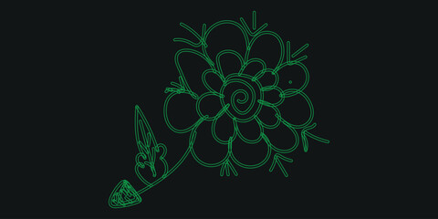 Abstract glowing green floral design with intricate patterns and a central spiral on a dark background, evoking a mystical and futuristic aesthetic