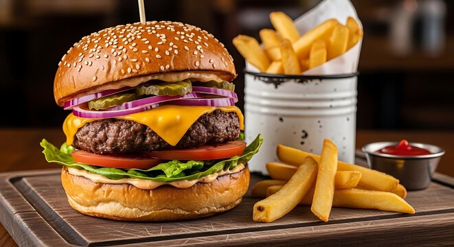 Delicious gourmet cheeseburger with melted cheddar cheese, fresh lettuce, tomato, pickles, and red onion served with crispy golden french fries in a rustic setting on a wooden board - Powered by Adobe