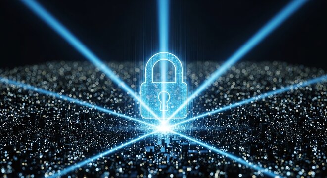 Digital padlock icon glowing with blue light rays, symbolizing cyber security, data protection, privacy, and secure network connections - Powered by Adobe