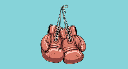 Pair of classic pink boxing gloves hanging by their laces against a light blue background.