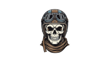 Stylized illustration of a skull wearing a vintage motorcycle helmet and goggles, with a scarf.