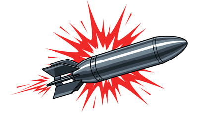 Cartoon bomb with red explosion emanating from its fins against a white background.