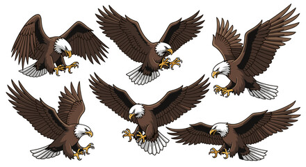 Set of illustrations of bald eagles in various flying and diving poses against a white background.