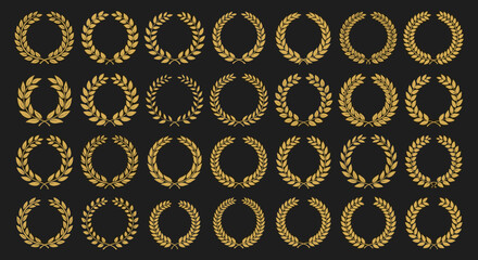 Collection of golden laurel wreaths on a dark background, representing victory and achievement.
