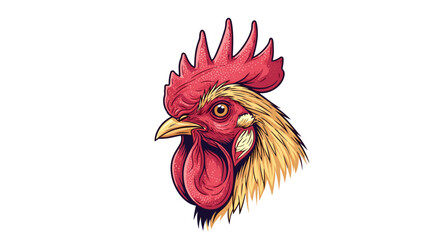Illustration of a proud rooster's head in profile with a red comb and wattle.