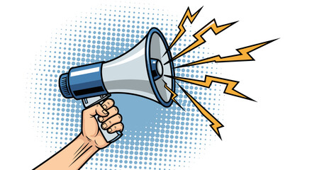 Hand holding a megaphone with sound waves emanating from it on a dotted background.