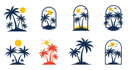 Collection of stylized tropical palm tree silhouettes against a sunset sky, suitable for beach and vacation themes.