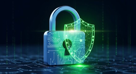 Digital security concept featuring a glowing green holographic shield protecting a metallic padlock against a dark background with circuit board elements, symbolizing data protection and cybersecurity