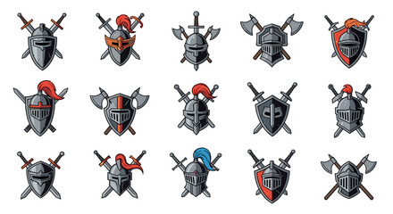 Collection of medieval knight helmets and shields with crossed swords and axes.