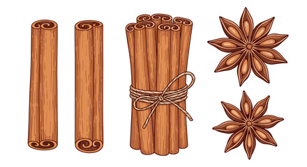A colorful illustration of cinnamon sticks and star anise on a white background.