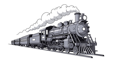 A vintage steam train with multiple carriages billows smoke as it travels along train tracks.