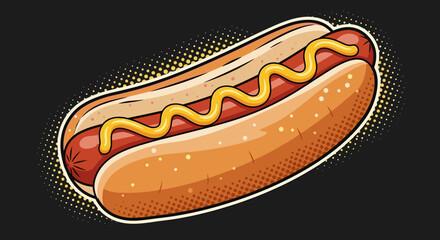 A stylized illustration of a hot dog with bright yellow mustard on a black background with halftone dots.
