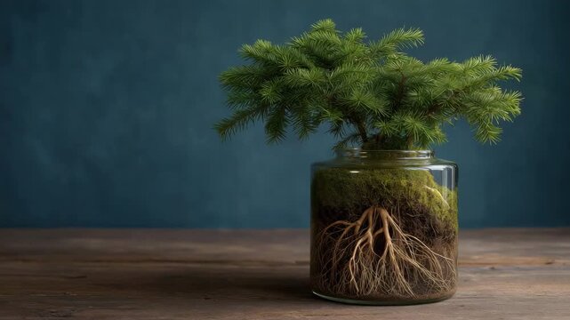 A living Christmas tree with visible roots enclosed in a glass pot symbolizes renewal, growth, and the connection between nature and human tradition. This modern take on holiday decor promotes