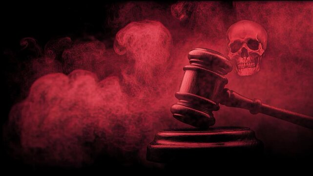 Gavel and Skull: The scene depicts a gavel and skull, symbolizing law, justice and death. The image evokes a somber and mysterious atmosphere. 