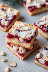 Fictional stacked Cherry Filled White Chocolate Blondies with sliced almonds and powdered sugar on top of them. Concept of fruit bars, brownies and blondies for foodservice menus. 