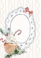 Watercolor Template Frame with striped background, cake and lace frame. Cozy winter design. Hand painted element for invitation, social media and posters.