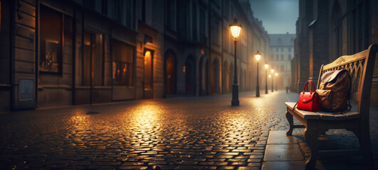 A woman's handbag and a leather backpack lie on a bench. Image with free space for text.