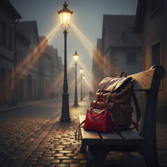 A woman's handbag and a leather backpack lie on a bench