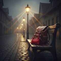 A woman's handbag and a leather backpack lie on a bench
